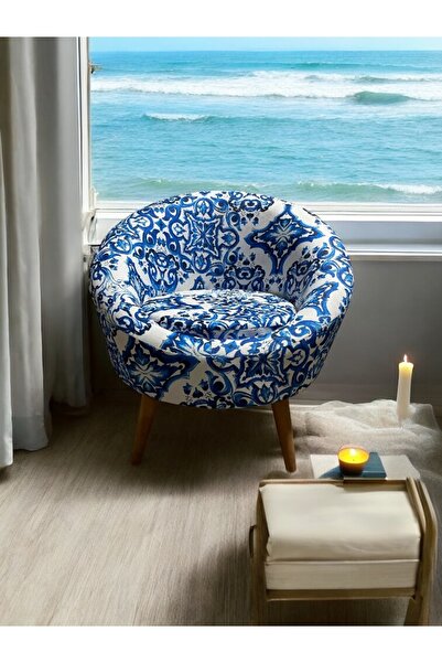 S Home Design Concept Lucca Elips Berjer Mavi Beyaz Desenli Ahşap Ayak