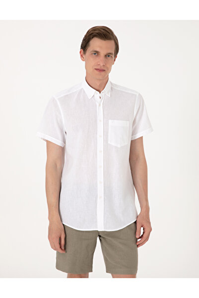 Pierre Cardin Beyaz Keten Karışımlı Regular Fit Kısa Kollu Gömlek 50303287-VR013