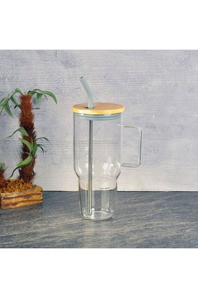 MATMEL Maxi Bamboo Lid Glass Cup with Straw - Transparent / Light Brown - 1 Lt