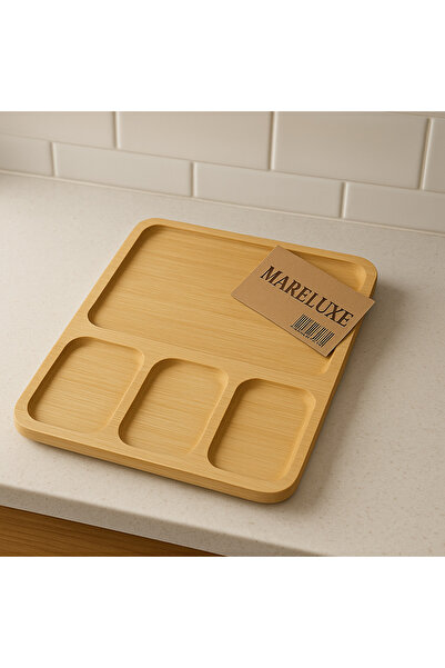 Mareluxe Doğal Bambu Sunumluk 4 Bölmeli | Şık Ahşap Servis Tabağı | Kahvaltı & Atıştırmalık İçin Sağlıklı