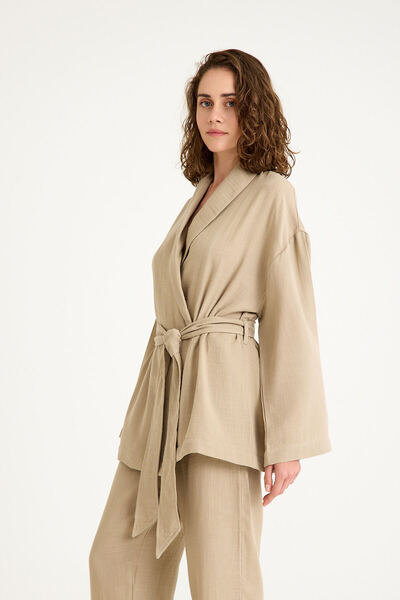 Miespiga 100% Cotton Woven Shawl Collar Muslin Kimono-Pants Bottom Top Set