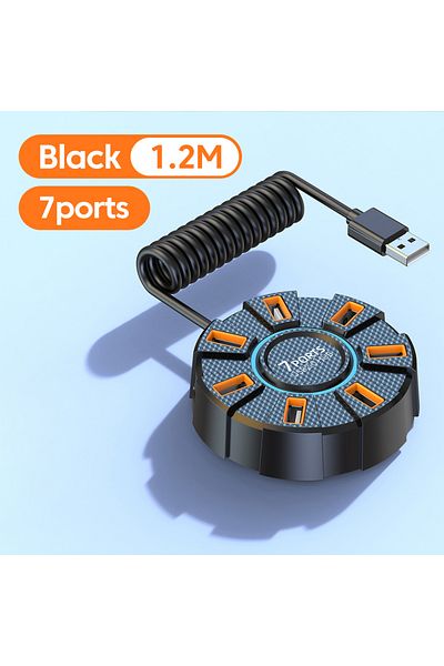 Choice موزع USB 2.0 أسود 7 منافذ 1.2 متر، محول موزع USB متعدد المنافذ 10 منافذ، موزع USB عالي السرعة 5 جيجابت في الثانية، طاقة A