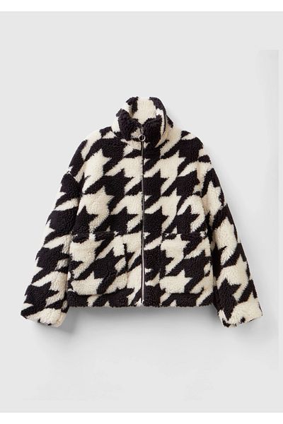 United Colors of Benetton Black and White Houndstooth Detailed Women's Teddy Jacket
