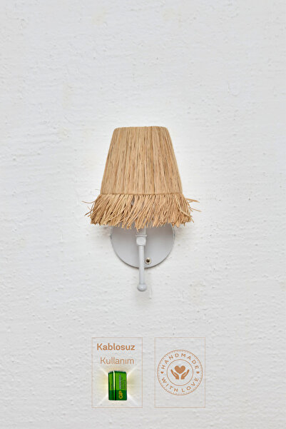 Maison Avf Bohem Hasır Rafya Saçaklı El Yapımı Beyaz Kablosuz Pilli Ledli Aplik