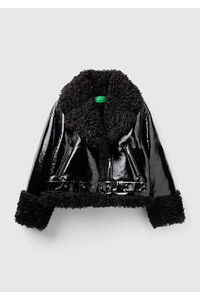 United Colors of Benetton Black Faux Leather Women's Jacket - Shawl Collar