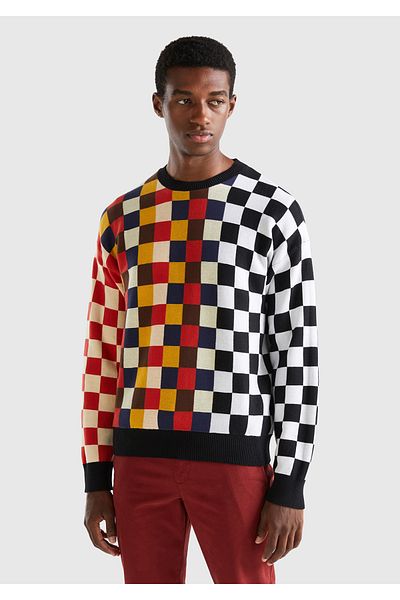 United Colors of Benetton Ανδρικό πουλόβερ μαύρο 100% Koton με πολύχρωμο σχέδιο σκακιέρας