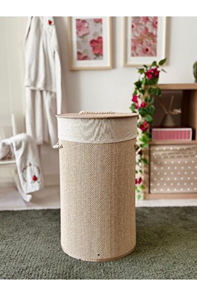 Akayev Beige Hasır Yuvarlak Çamaşır Sepeti