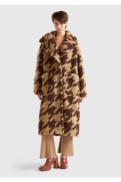 United Colors of Benetton Brown Teddy Coat - Women's Houndstooth