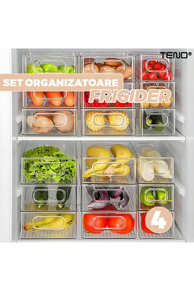Teno Set of 12 Teno® Refrigerator Organizers, BPA-free, 26 x 15 cm, transparent