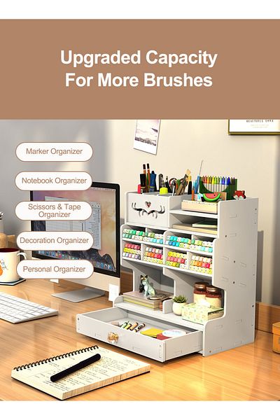 KidLe Wooden Pen Organizer with Drawer, DIY Pencil Holder Desk Tidy Office Stationery