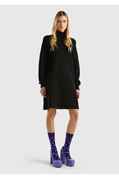 United Colors of Benetton Rochie midi neagră de damă, cu gât țesut, până la g...