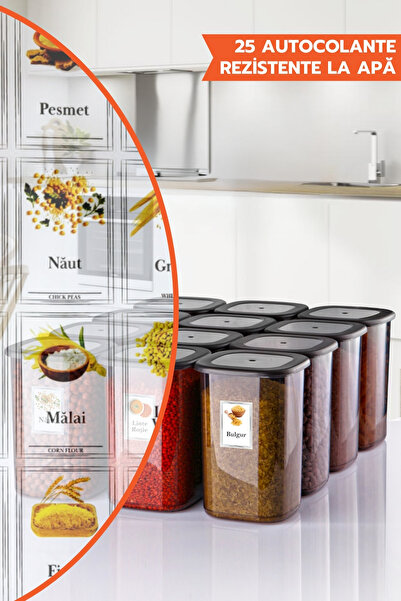 GİNZAMAİSON Set de 12 recipiente alimentare de 1200 ml, cu 25 de etichete cadou, antracit, capac pătrat