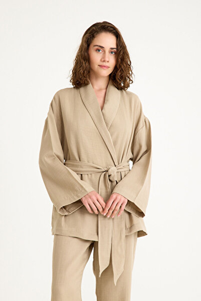 Miespiga 100% Cotton Woven Shawl Collar Muslin Kimono-Pants Bottom Top Set