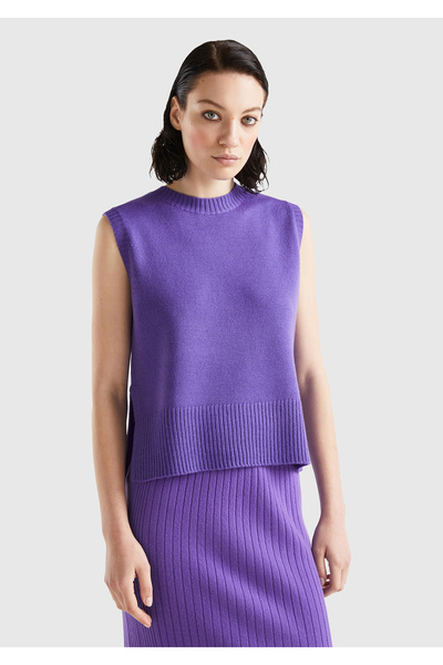 United Colors of Benetton Kadın Mor Yün Karışımlı Arkası Uzun Süveter