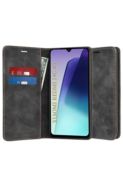 SKYDDAR INNOVATION Husă pentru Xiaomi Redmi 14C / Poco C75, portofel moale, piele premium tip card, neagră, set autocolante