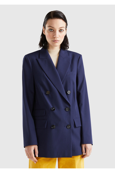 United Colors of Benetton Women's Navy Blue Double Breasted Jacket