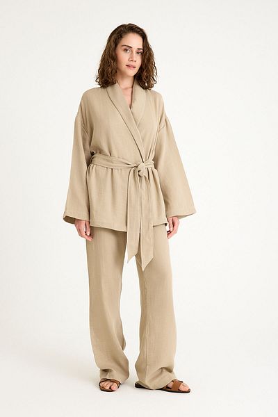 Miespiga 100% Cotton Woven Shawl Collar Muslin Kimono-Pants Bottom Top Set