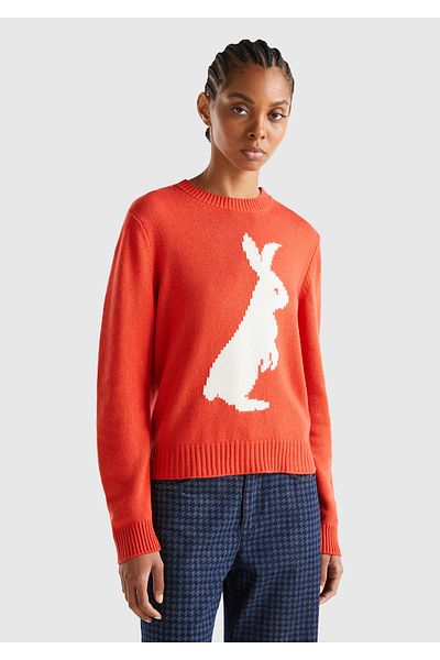 United Colors of Benetton Red Cashmere Rabbit Patterned Women's Sweater