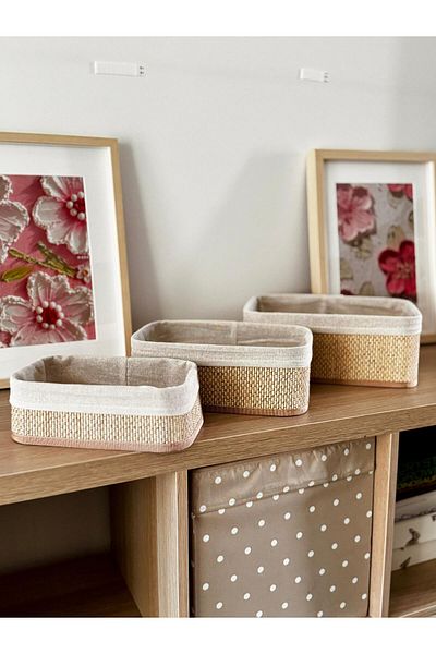 Akayev Beige Wicker 3-Piece Rectangular Basket