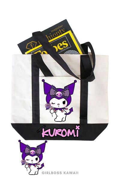 Girlboss Kawaii Πάνινη τσάντα Girlboss Kuromi με μπροστινή τσέπη μεγάλου μεγέθους / αγορές, αθλήματα, παραλία