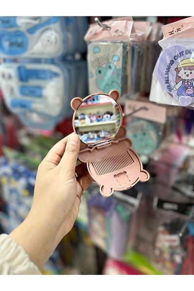 EyER Shoping Portable Makeup Mirror with Teddy Bear Figure, Bag Mirror and Pocket Mirror with Comb, Pink with Cover