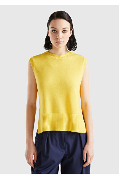 United Colors of Benetton Жълт пуловер от вълнена смес - дамски пуловер с дъл...