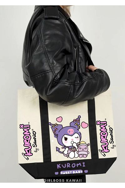 Girlboss Kawaii Πάνινη τσάντα Girlboss Kuromi με μπροστινή τσέπη μεγάλου μεγέθους / αγορές, αθλήματα, παραλία