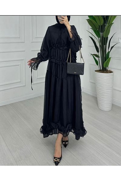 MERVEPLUME Plume Ruffle Gathered Tulle Women's Hijab Dress