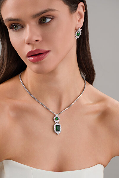 VİYA Lenora Yeşil Zirkon Taşlı Kolye Küpe Düğün Seti