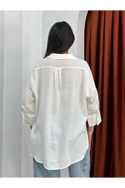 HandCo Women's Linen White Shirt Oversize Loose Three Quarter Sleeve