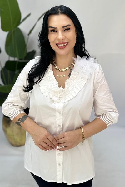 GÖKSEL Firfirli Flowered White Poplin Bluz Large Size