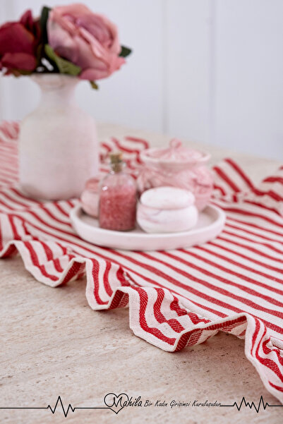 Mahila 40x125 Şık Tasarım Ekstra Büyük Fırfırlı Runner, %100 Keten Runner, Dekoratif Runner