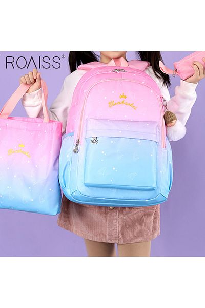 ROAISS 3-Piece Set Starry Sky Printed Functional Backpacks with Large Capacity Schoolbag Shoulder Bag and P