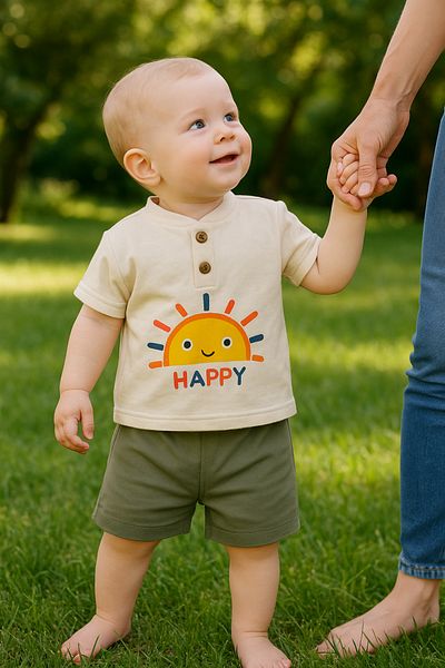 TRENDİMİZBİR Sun Printed Button Detailed Unisex Baby Shorts Summer Set – Khaki