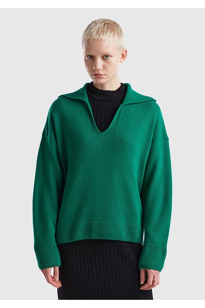 United Colors of Benetton Amestec de lână verde - Pulover polo pentru femei cu croială box