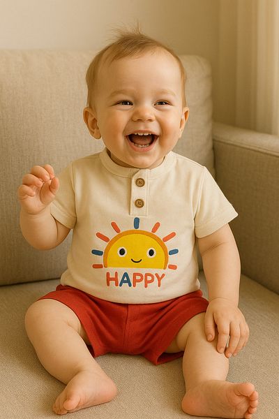 TRENDİMİZBİR Sun Printed Button Detailed Unisex Baby Shorts Summer Set – Red