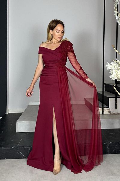 gesmoda G1341 Lace Detailed Maxi Design Dress Burgundy