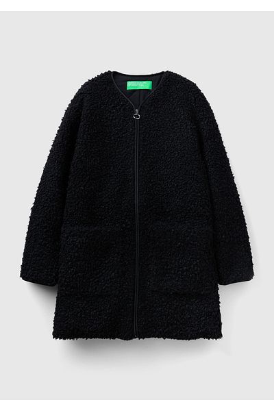 United Colors of Benetton Palton negru subțire fără guler pentru femei