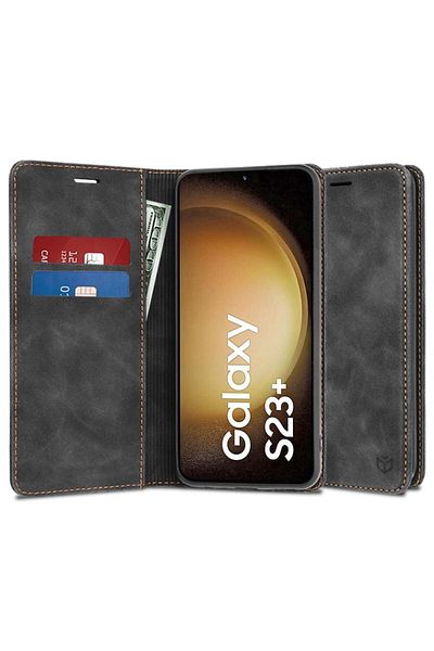 SKYDDAR INNOVATION Husă pentru Samsung Galaxy S23 Plus, portofel moale, piele ecologică premium, tip carte, neagră, set de autocolante
