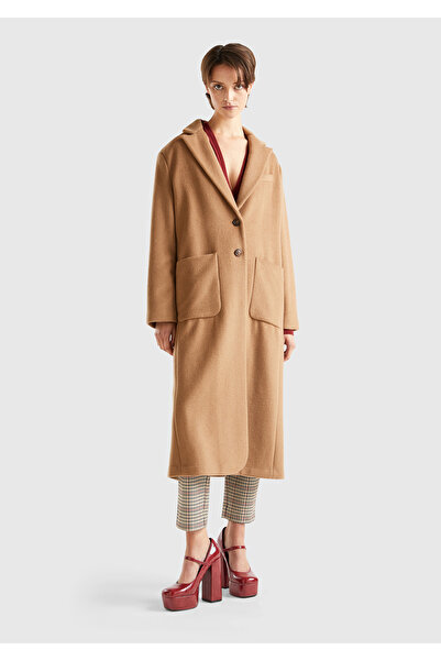 United Colors of Benetton Kadın Kahverengi 2 Düğmeli Palto