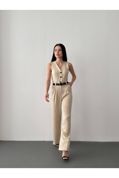 Kedi Fashion Kemerli keten tulum