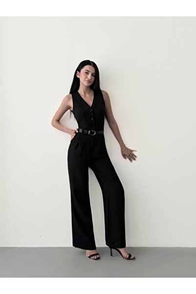 Kedi Fashion Kemerli keten tulum