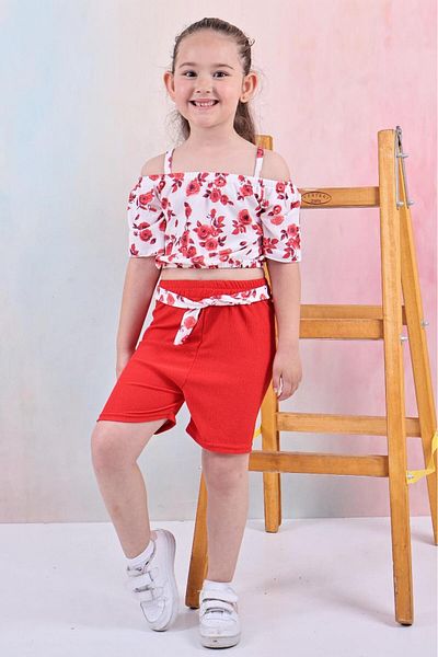 TRENDİMİZBİR Shoulder Open Floral Patterned Girl's Summer 2-Piece Set – Red