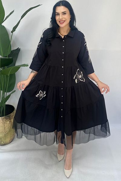 GÖKSEL Flower Embroidered Tulle Detailed Dress Plus Size