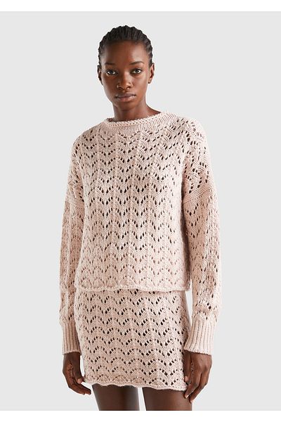 United Colors of Benetton Pulover din tricot cu efect 3d, amestecat de lână, roz deschis, pentru femei