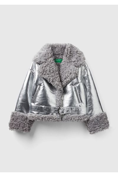 United Colors of Benetton Women's Silver Shawl Collar Faux Leather Jacket