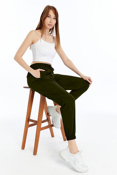 KRAVEN Women's Khaki Loose Fit Summer Jogger Sweatpants with Elastic Cuffs, Parachute Fabric Pants with Hidden Zipper Pockets