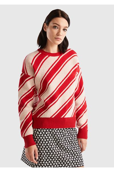 United Colors of Benetton Red Wool Blended - Cross Striped Women's Sweater