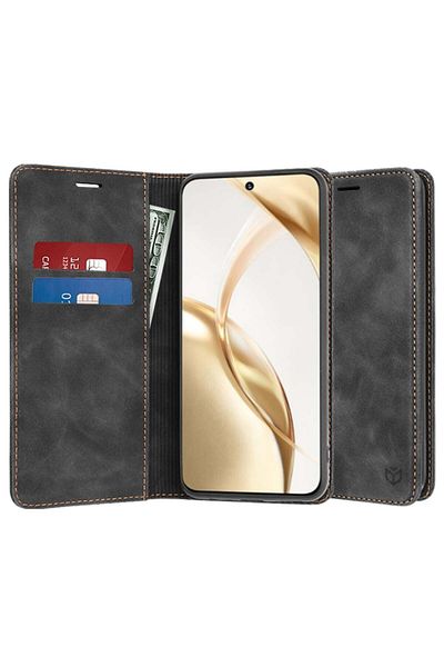 SKYDDAR INNOVATION Husă pentru Honor 200, portofel moale, tip carte, piele ecologică premium, neagră, set de autocolante