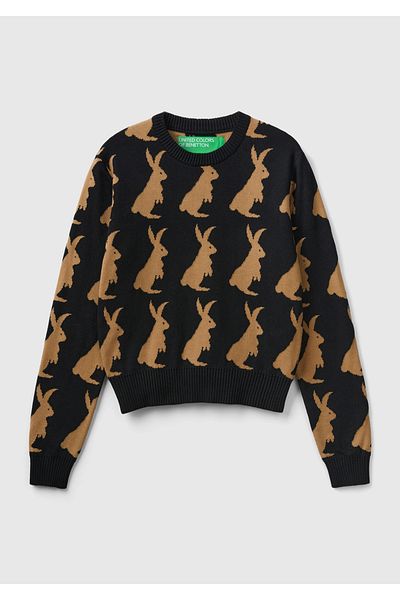 United Colors of Benetton Pulover negru de damă cu model iepure - 100% bumbac